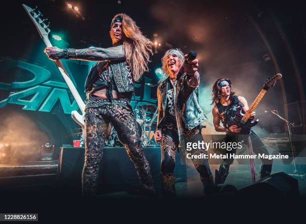 Lexxi Foxxx, Michael Starr and Satchel of glam metal group Steel Panther performing live on stage at the O2 Academy in Bristol, England, on February...