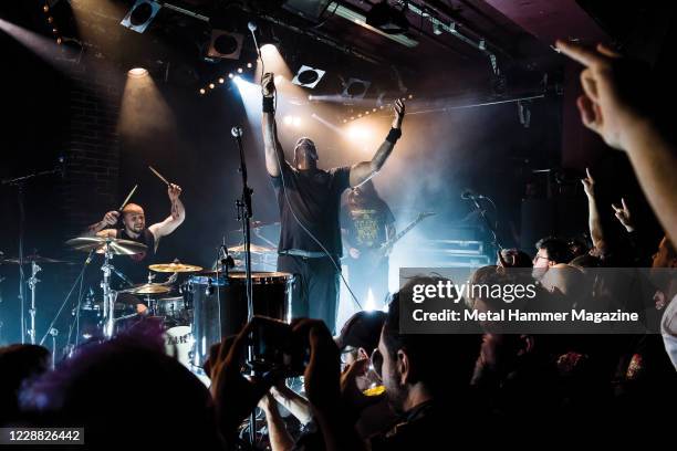 Eloy Casagrande, Derrick Green and Andreas Kisser of Brazilian heavy metal group Sepultura performing live on stage at La Maroquinerie in Paris, on...