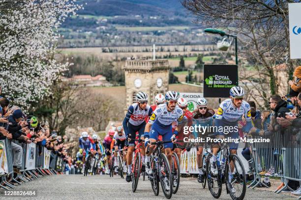 Professional cyclists including Julian Alaphilippe and Vincenzo Nibali ascending the Mur dAllex during the Royal Bernard Drome Classic road race in...