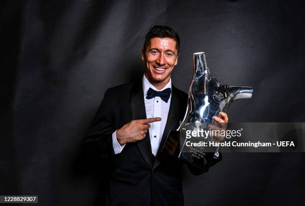 Men's Player of the Year 2019/20 award winner Robert Lewandowski following the UEFA Champions League Group Stage Draw at the RTS studios on October...