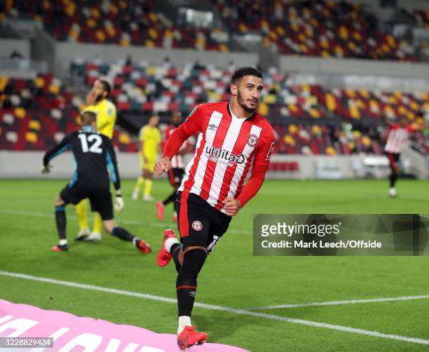 Said Benrahma celebrates after scoring the second goal for Brentford. During the Carabao Cup fourth round match between Brentford and Fulham at...