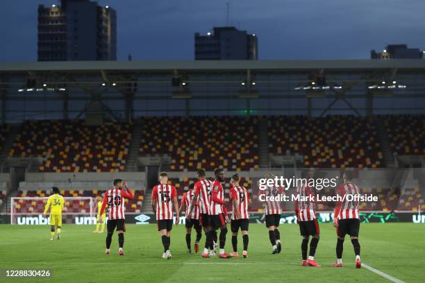 Brentford players after their second goal in a 3-0 victory during the Carabao Cup fourth round match between Brentford and Fulham at Brentford...