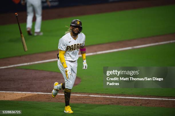 Fernando Tatis Jr of the San Diego Padres tosses his bat after hitting a home run in the bottom of the sixth inning against the St Louis Cardinals...