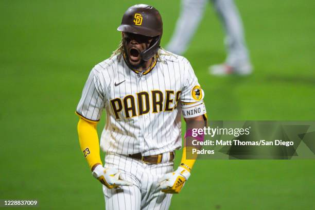 Fernando Tatis Jr of the San Diego Padres celebrates after hitting a home run in the bottom of the sixth inning against the St Louis Cardinals during...