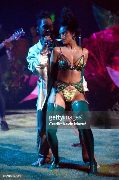 In this image released on October 2, Miguel and Nazanin Mandi are seen onstage during Rihanna's Savage X Fenty Show Vol. 2 presented by Amazon Prime...