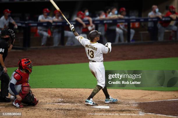 Manny Machado of the San Diego Padres hits a home run in the sixth inning during Game 2 of the Wild Card Series between the St. Louis Cardinals and...