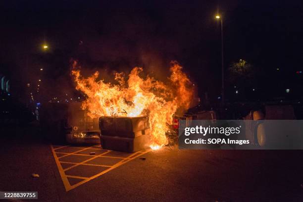 View of flaming of garbage containers in Plaza Catalunya as pro-independence demonstrators marched on the streets of Barcelona. On the third...