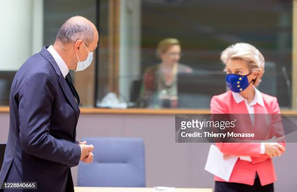 Slovenian Prime Minister Janez Jansa is talking with the President of the European Commission Ursula von der Leyen during the second day of an EU...