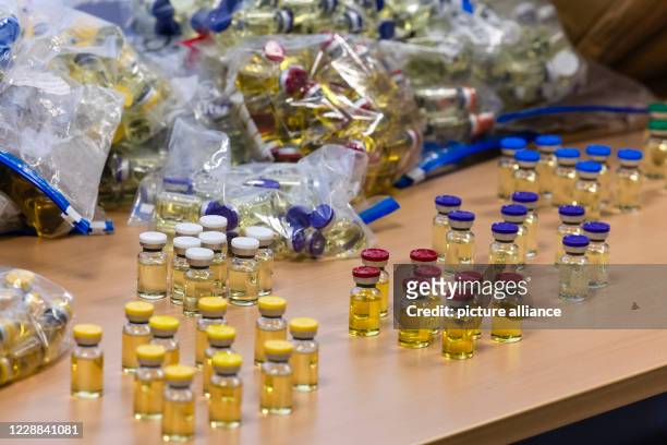 October 2020, Schleswig-Holstein, Kiel: Doping substances are placed on tables in the offices of the Hamburg Customs Investigation Office, Kiel....