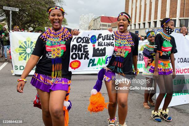 Girls wearing Zulu attire during the Global Climate Strike March on October 02, 2020 in Durban, South Africa. According to media reports, the group...