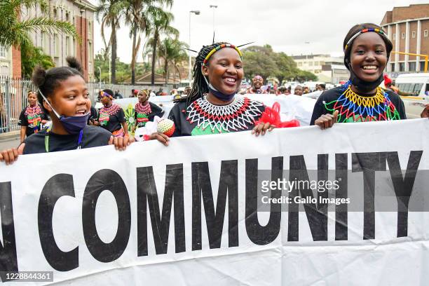Girls wearing Zulu attire during the Global Climate Strike March on October 02, 2020 in Durban, South Africa. According to media reports, the group...