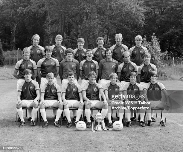 Burnley line up for a team photograph at Gawthorpe Hall in Burnley, England, circa August 1982. Back row : Paul McGee, David Miller, Kevin Young,...