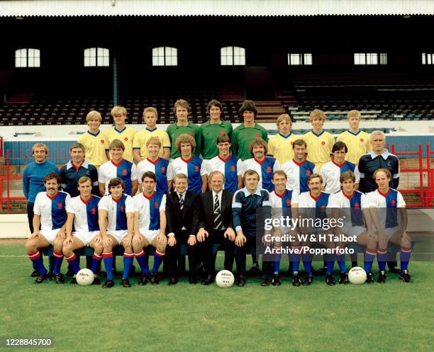 Blackburn Rovers line up for a team photograph at Ewood Park in Blackburn, England, circa October 1982. Back row : Seldon Simms, Michael Bell, David...