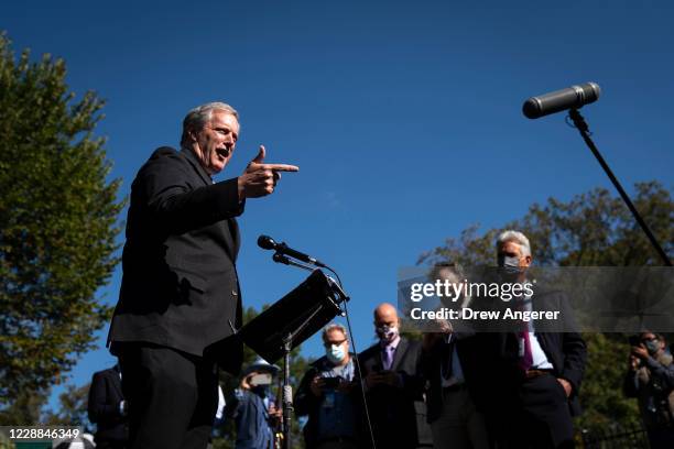 White House Chief of Staff Mark Meadows speaks to reporters about President Trump's positive coronavirus test outside the West Wing of the White...