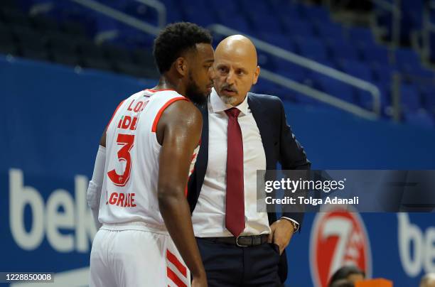 Sasa Obradovic, head coach of Crvena Zvezda mts Belgrade competes with Jordan Loyd, #3 of Crvena Zvezda mts Belgrade during the 2020/2021 Turkish...