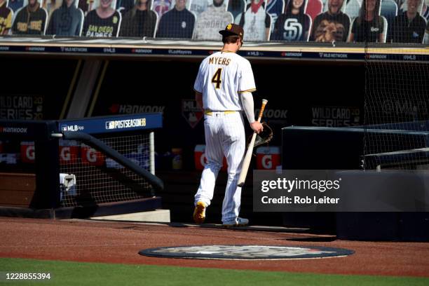 Wil Myers of the San Diego Padres walks into the dugout during batting practice prior to Game 3 of the Wild Card Series between the St. Louis...