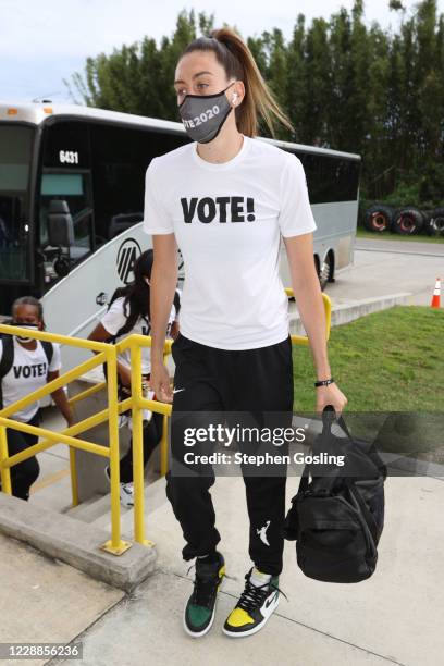 Breanna Stewart of the Seattle Storm arrives to the arena before Game One of the WNBA Finals on October 2, 2020 at Feld Entertainment Center in...