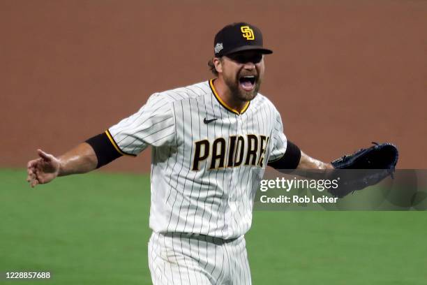 Trevor Rosenthal of the San Diego Padres celebrates after the Padres defeated the St. Louis Cardinals in Game 3 of the Wild Card Series at Petco Park...