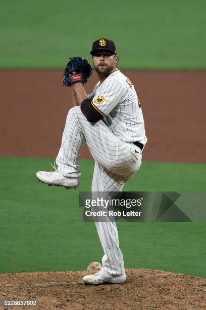 Trevor Rosenthal of the San Diego Padres pitches during Game 3 of the Wild Card Series between the St. Louis Cardinals and the San Diego Padres at...