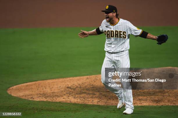 Trevor Rosenthal of the San Diego Padres celebrates after defeating the St Louis Cardinals during Game Three of the National League Wildcard series...