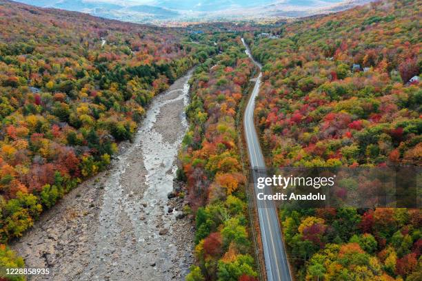 Aerial view of colorful fall foliage at the White Mountain National Forest in New Hampshire, United States on October 2, 2020.