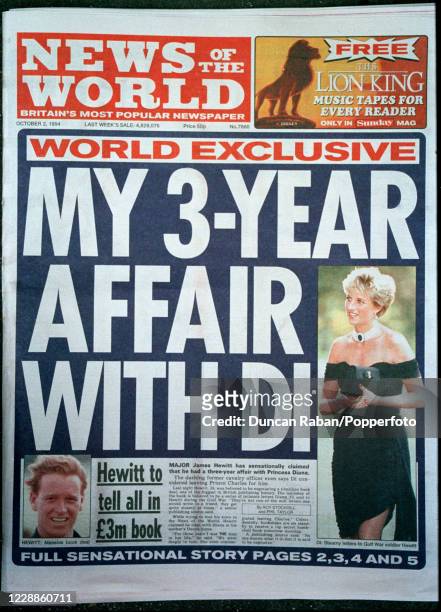 The British newspaper The News of the World featuring a story about Princess Diana's alleged affair with British Army officer James Hewitt, on 2...