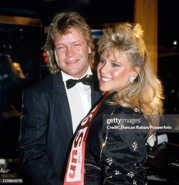 British glamour and singer Samantha Fox , winner of the Sun newspaper "Page 3 Girl of the Year" with BBC Radio DJ Bruno Brookes in London, England...