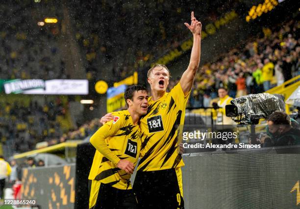 Erling Haaland of Borussia Dortmund celebrates scoring the opening goal during the Bundesliga match between Borussia Dortmund and Sport-Club Freiburg...