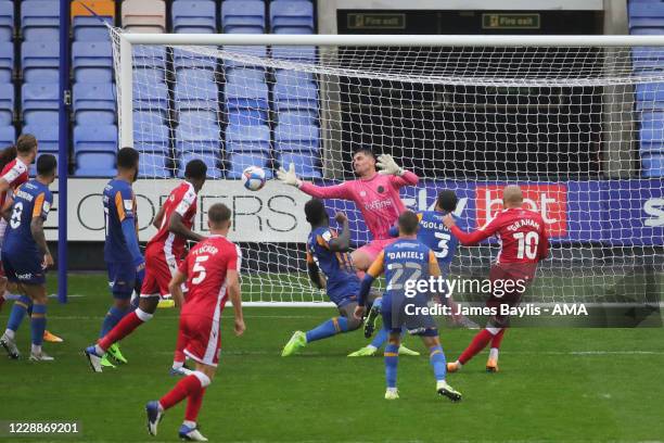 Jordan Graham of Gillingham scores a goal to make it 1-1 during the Sky Bet League One match between Shrewsbury Town and Gillingham at Montgomery...