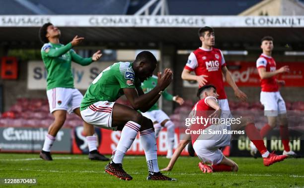 Cork , Ireland - 3 October 2020; Joseph Olowu of Cork City reacts to a missed chance during the SSE Airtricity League Premier Division match between...