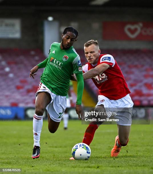 Cork , Ireland - 3 October 2020; Deshane Dalling of Cork City in action against Jamie Lennon of St Patrick's Athletic during the SSE Airtricity...