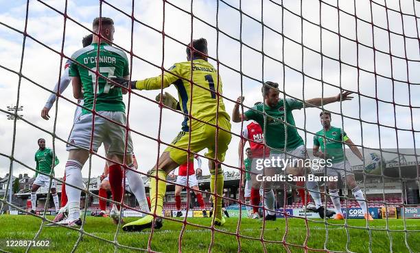 Cork , Ireland - 3 October 2020; Alan Bennett of Cork City, third from left, scores an own goal during the SSE Airtricity League Premier Division...