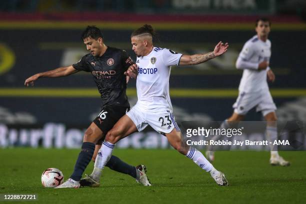Rodri of Manchester City and Kalvin Phillips of Leeds United during the Premier League match between Leeds United and Manchester City at Elland Road...
