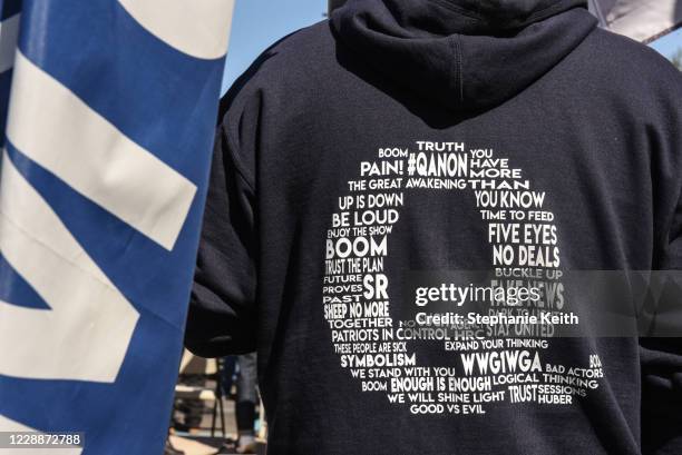 Person wears a QAnon sweatshirt during a pro-Trump rally on October 3, 2020 in the borough of Staten Island in New York City. The event, which was...