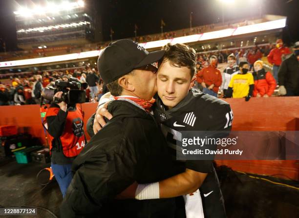 Quarterback Brock Purdy of the Iowa State Cyclones hugs his father Shawn Purdy while celebrating the Cyclones win 37-30 over the Oklahoma Sooners at...