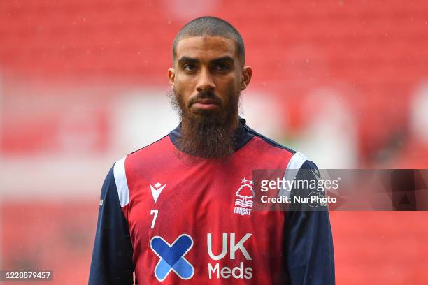 Lewis Grabban of Nottingham Forest warms up ahead of kick-off during the Sky Bet Championship match between Nottingham Forest and Bristol City at the...