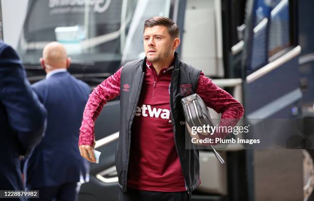 Darren Cresswell of West Ham United arrives ahead of the Premier League match between Leicester City and West Ham United at The King Power Stadium on...