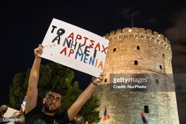 Armenian people with the support of the Committee of Armenians, the local community and Greeks demonstrate in front of the White Tower, the symbol of...