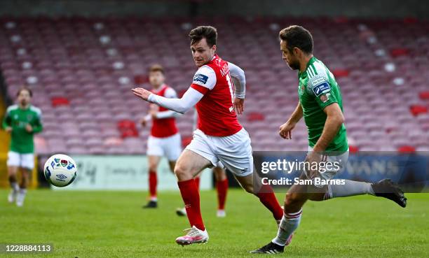 Cork , Ireland - 3 October 2020; Jason McClelland of St Patrick's Athletic in action against Alan Bennett of Cork City during the SSE Airtricity...