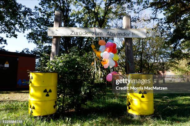 Nuclear waste barrels are seen in order to protest against the interim storage facility for nuclear waste in the city of Gorleben prior to a protest...