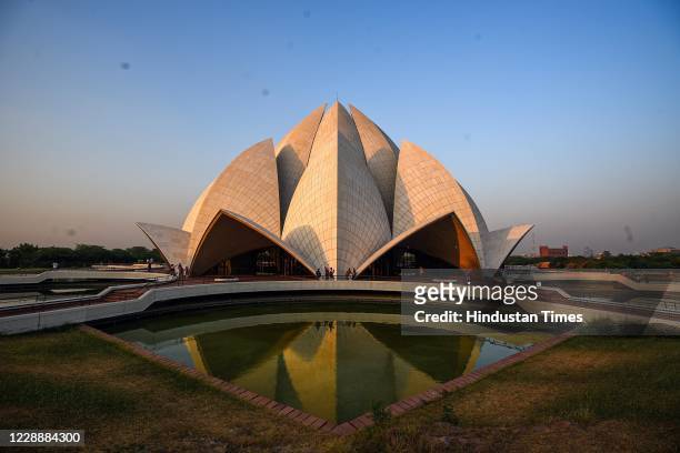 View of The Bahá'i House of Worship known as the 'Lotus Temple' as it opens for public after the lockdown at Kalkaji, on October 3, 2020 in New...