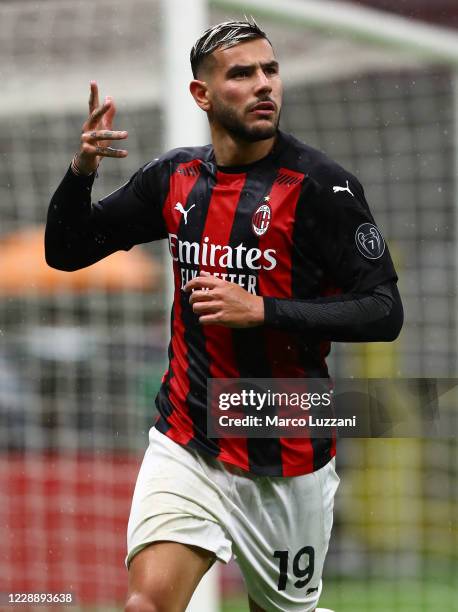 Theo Hernandez of AC Milan celebrates his goal during the Serie A match between AC Milan and Spezia Calcio at Stadio Giuseppe Meazza on October 4,...