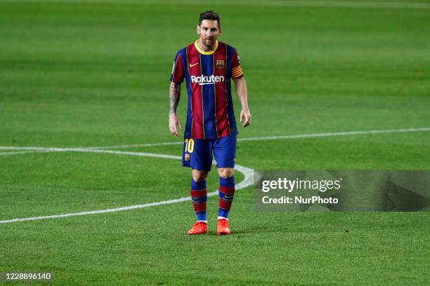Lionel Messi of FC Barcelona during La Liga match between FC Barcelona and Sevilla FC behind closed doors due to Coronavirus at Camp Nou Stadium on...