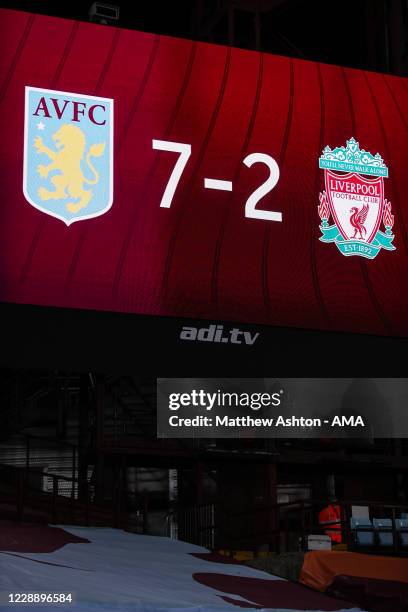 The score board at Villa Park, home stadium of Aston Villa reads 7-2 at full time during the Premier League match between Aston Villa and Liverpool...