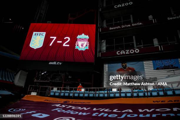 The score board at and empty Villa Park, home stadium of Aston Villa reads 7-2 at full time during the Premier League match between Aston Villa and...