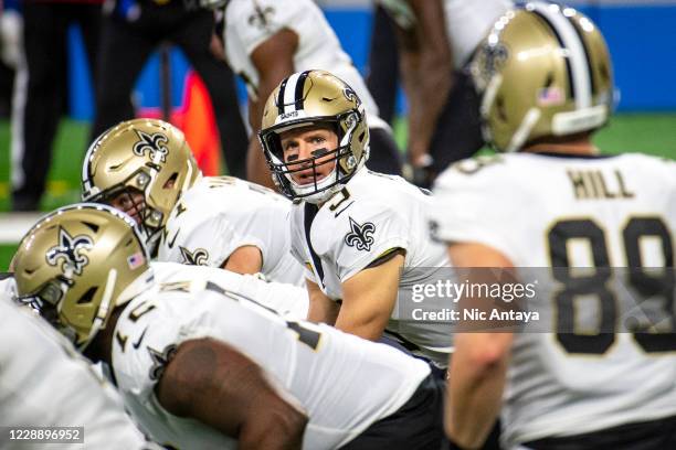 Drew Brees of the New Orleans Saints looks on during the second quarter against the Detroit Lions at Ford Field on October 4, 2020 in Detroit,...
