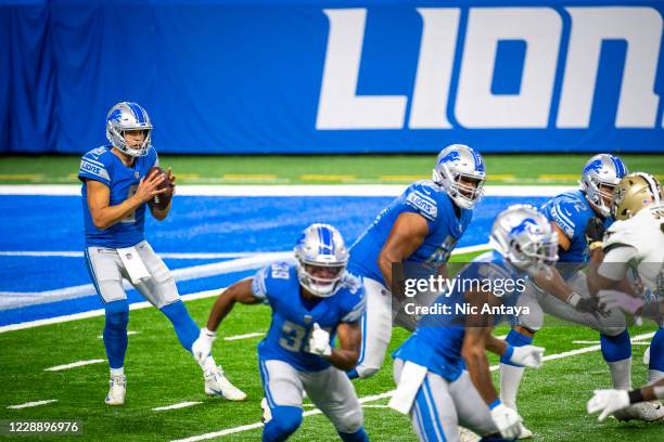 Matthew Stafford of the Detroit Lions drops back for a pass during the fourth quarter against the New Orleans Saints at Ford Field on October 4, 2020...