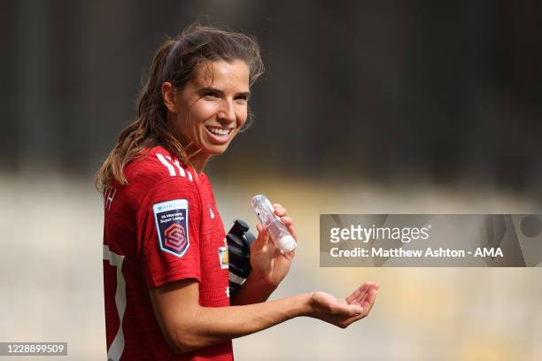 Tobin Heath of Manchester United Women with hand sanitiser during the Covid-19 pandemic after the Barclays FA Women's Super League match between...