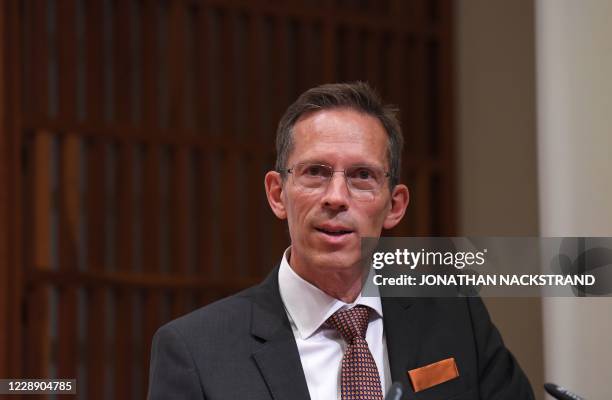Thomas Perlmann, the Secretary of the Nobel Committee, speaks to announce the winners of the 2020 Nobel Prize in Physiology or Medicine during a...