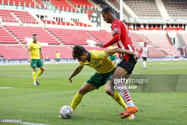 Lazaros Rota or Fortuna Sittard, Cody Gakpo or PSV Eindhoven during the Dutch Eredivisie match between PSV Eindhoven and Fortuna Sittard at the...